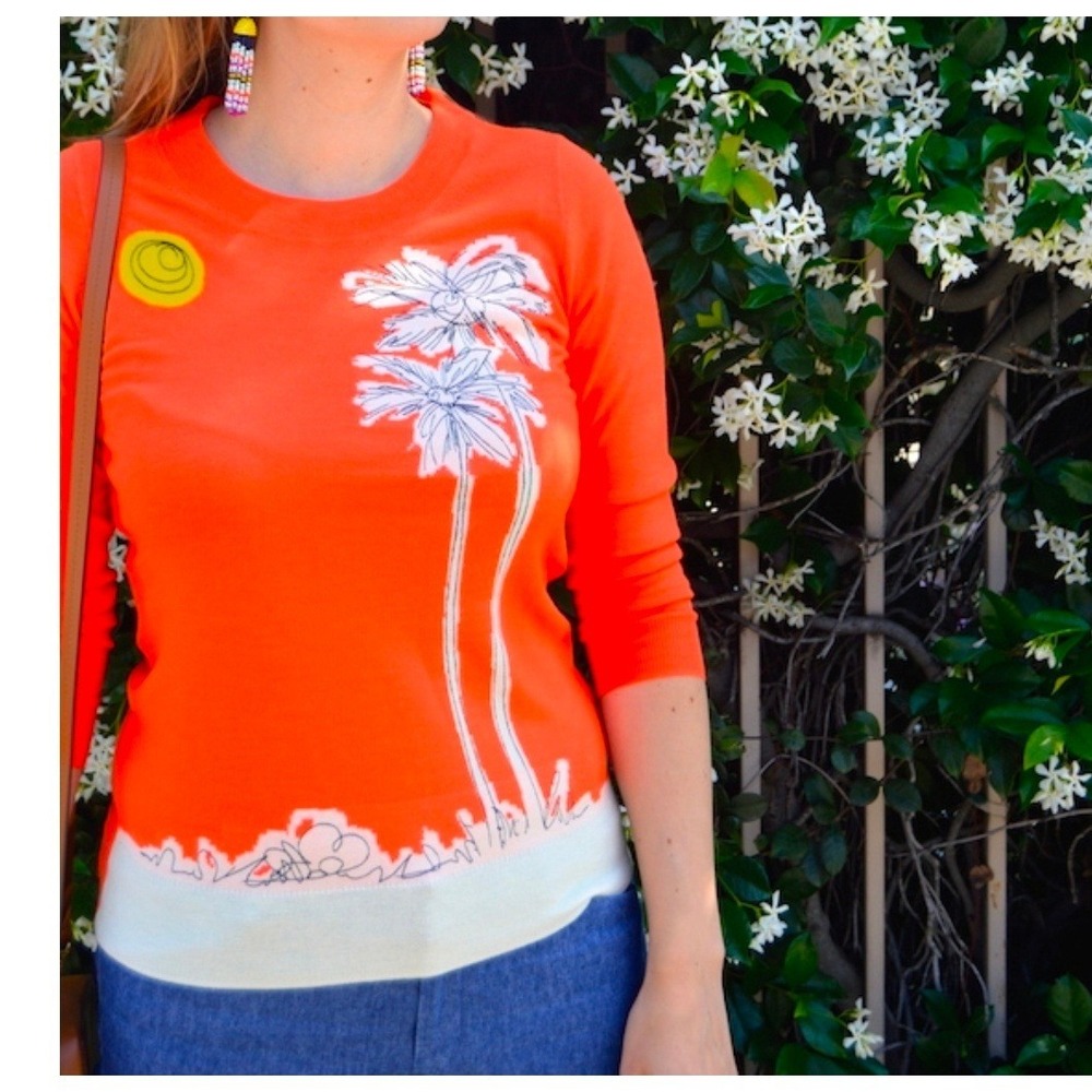 J. Crew Women Sweater Small Orange Palm Tree Embroidered Tippi Merino Wool